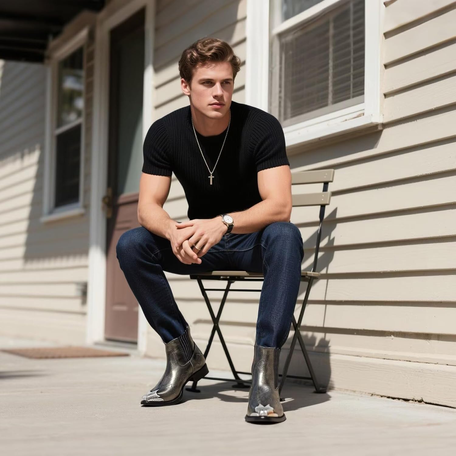 Men's Chelsea Boots with Floral Jacquard Fabric and Silver Toe Cap Slip On Dress Boots for Stage, Party, Fashion, Casual, Stylish Shoes - Image 3