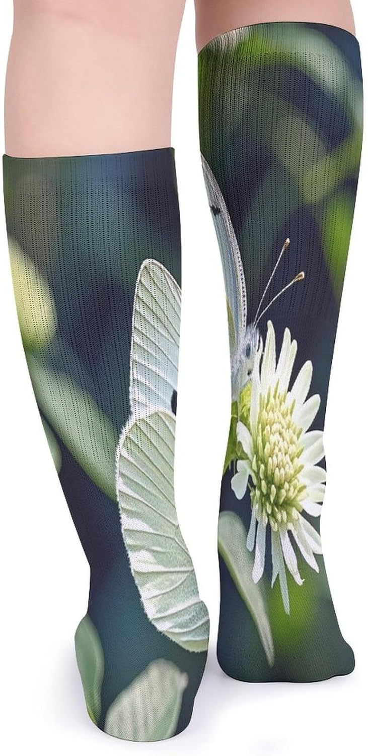 White Butterfly Crew Socks Cozy Casual Calf Socks Lightweight Long Work Sock Breathable Athletic Sock for Hiking Sports Running 5 Pairs