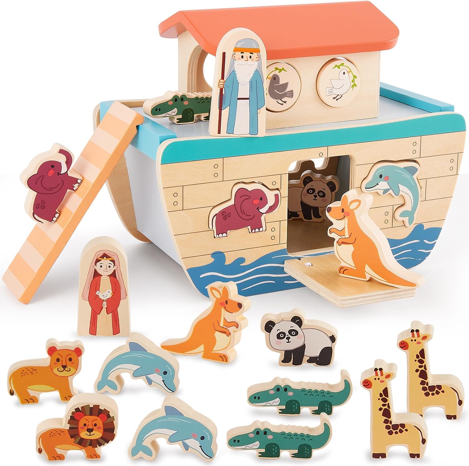 HERSITY Wooden Noah's Ark Toy for Montessori Learning 1 Year Old Baby Boy and Girl, Baptism Gift Wooden Animal Shape Sorter First Birthday Presents for Toddlers 1-3
