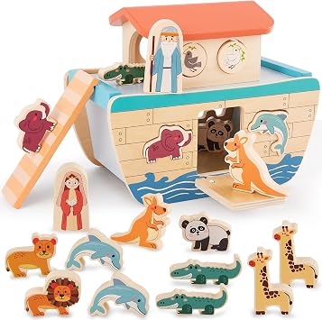 HERSITY Wooden Noahs Ark Toy Animal Shape Sorter 12 Months, Baby Montessori Early Learning Educational Toys Baptism Gifts for Baby Boys Girls 1+ 2 3 4 Year Old