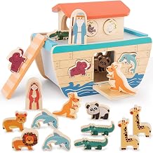 HERSITY Wooden Noah's Ark Toy Baptism Gifts for Baby Boys Girls 1 Year Old | Montessori Learning Toys Wooden Animal Shape Sorter First Birthday Presents for Toddlers 1-3