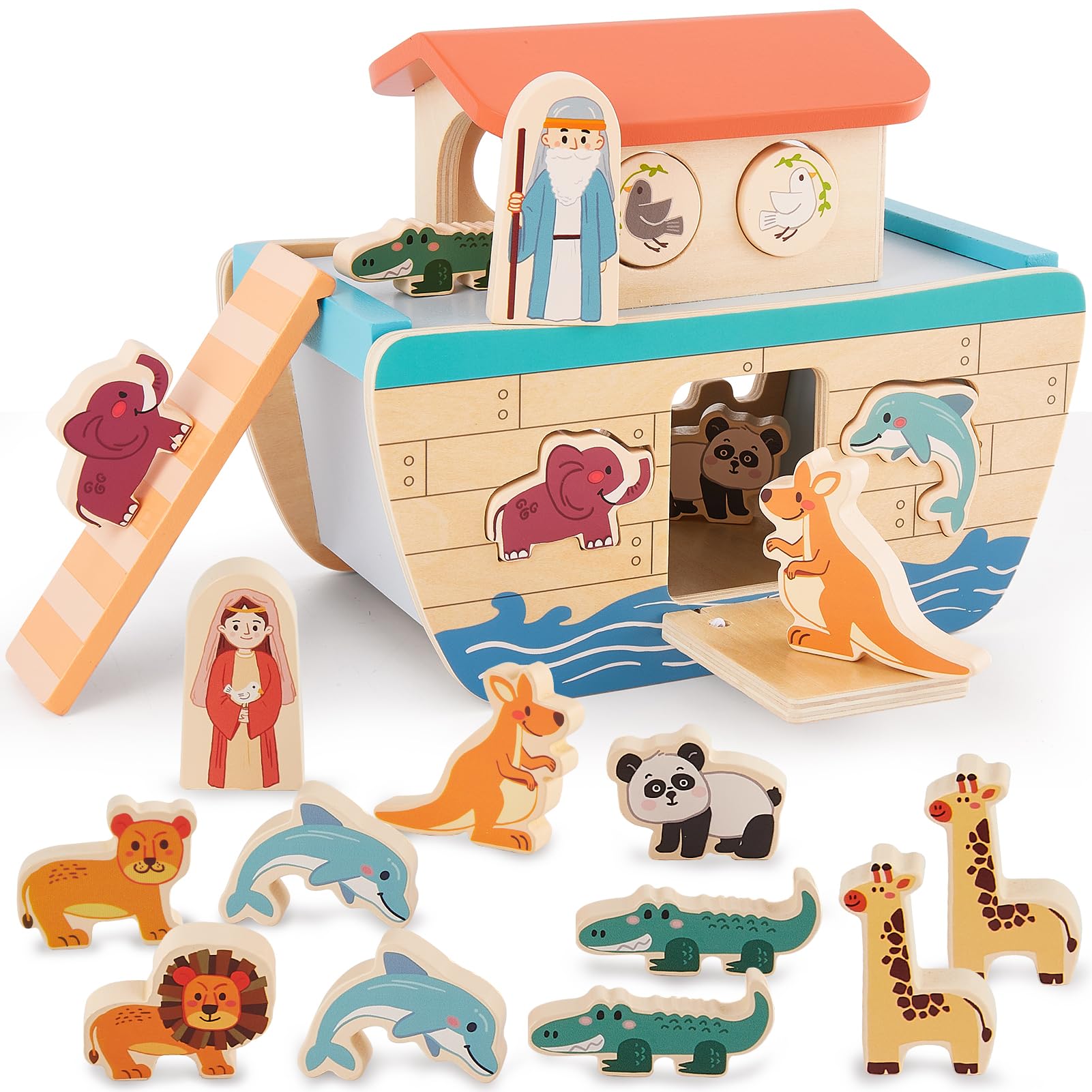 HERSITY Wooden Noahs Ark Toy Animal Shape Sorter 12 Months, Baby Montessori Early Learning Educational Toys Baptism Gifts for Baby Boys Girls 1+ 2 3 4 Year Old