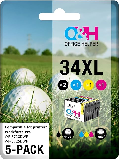 OFFICE HELPER Compatible 34XL Ink Cartridges, for Epson Workforce Pro WF-3725DWF WF-3720DWF, Multipack (2 black 1 cyan 1 magenta 1 yellow)