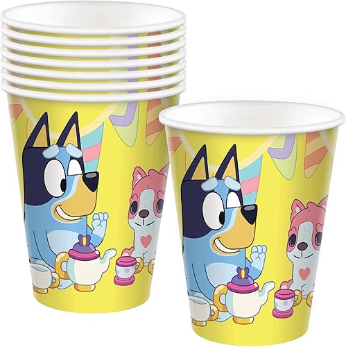 amscan Bluey - Taza de papel para fiesta, 9 onzas, color amarillo, paquete de 8