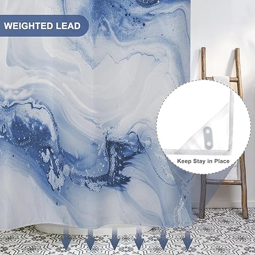 Miniatura 4 de Cortina de ducha sin gancho con forro a presión, mármol azul, textura moderna de tinta grieta, cortina de ducha de doble capa, tela impermeable,