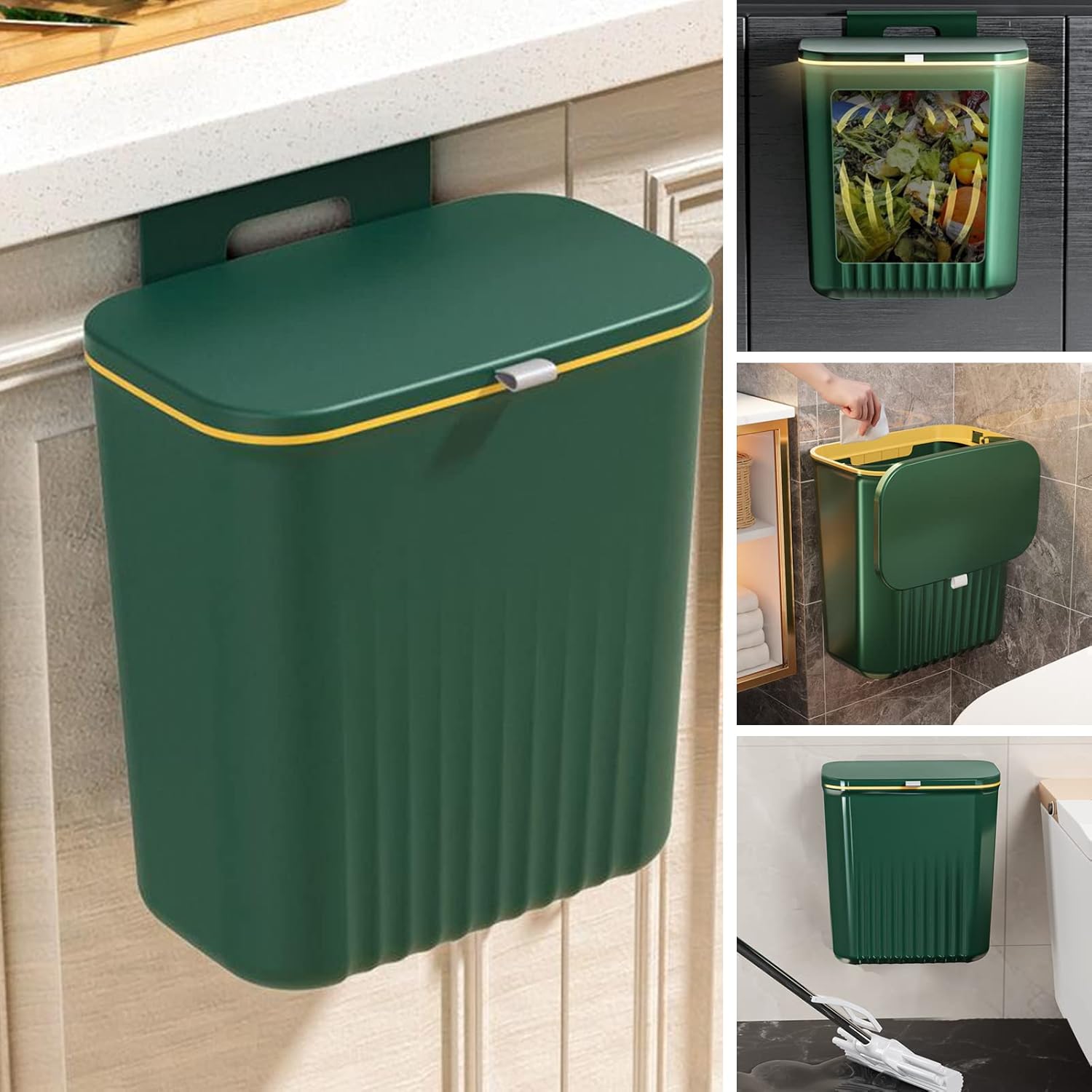 Sealed Kitchen Trash Can, 2.4 Gallon Kitchen Compost Bins Hanging Trash Cans with Lids Trash