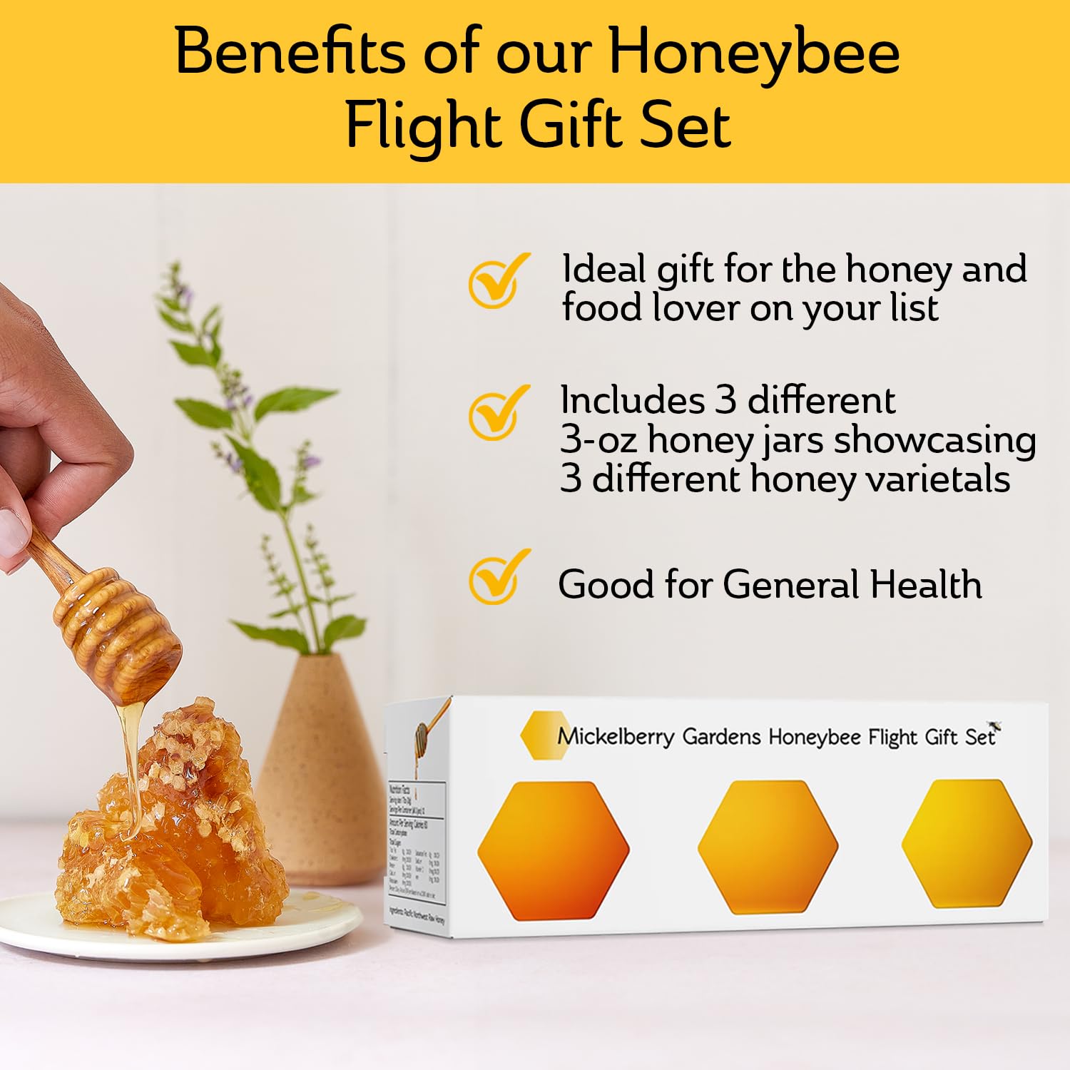 Mickelberry Gardens Honeybee Flight Gift Set – 3 Jar Honey Flight (3 × 3 oz) Featuring Wildflower & Blackberry Honeys – Pure, Local, Raw, Ready to Gift – Made in the USA