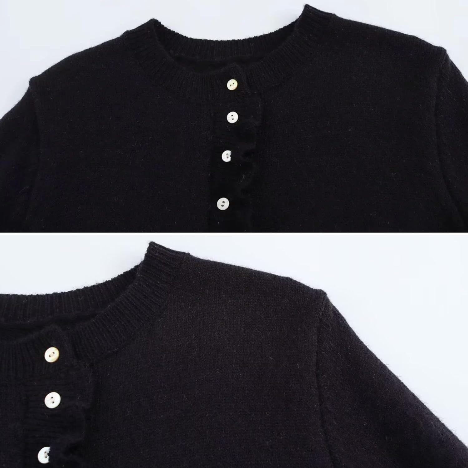 FindThy Women’s Cropped Cardigan Sweater Trendy Crewneck Ruffle Long Sleeve Button Down Knitwear Tops - Image 3