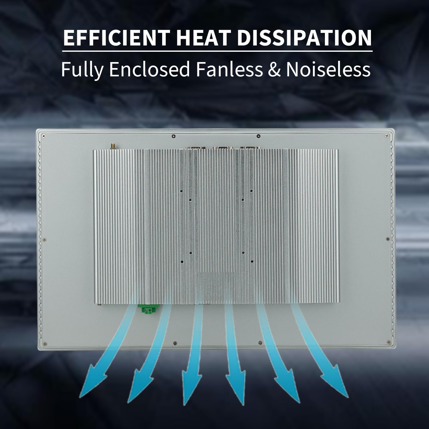 Tukangeun view of the monitor showing the aluminum alloy back shell designed for efficient heat dissipation with arrows indicating airflow.