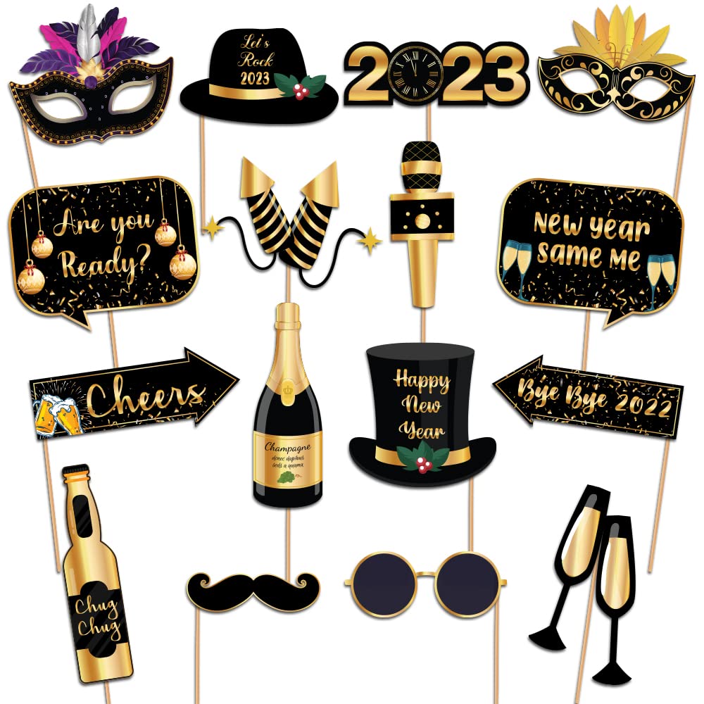 Festiko® 16 Pcs New Years Eve Photo Booth Props, 2023 Photo Booth Props, New Years Eve Party