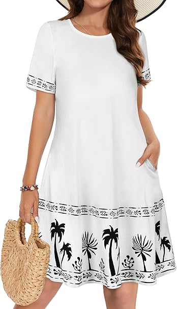 Summer Dresses for Women Casual Tshirt Short Sleeve Floral Sundress Beach Cover Ups with Pockets