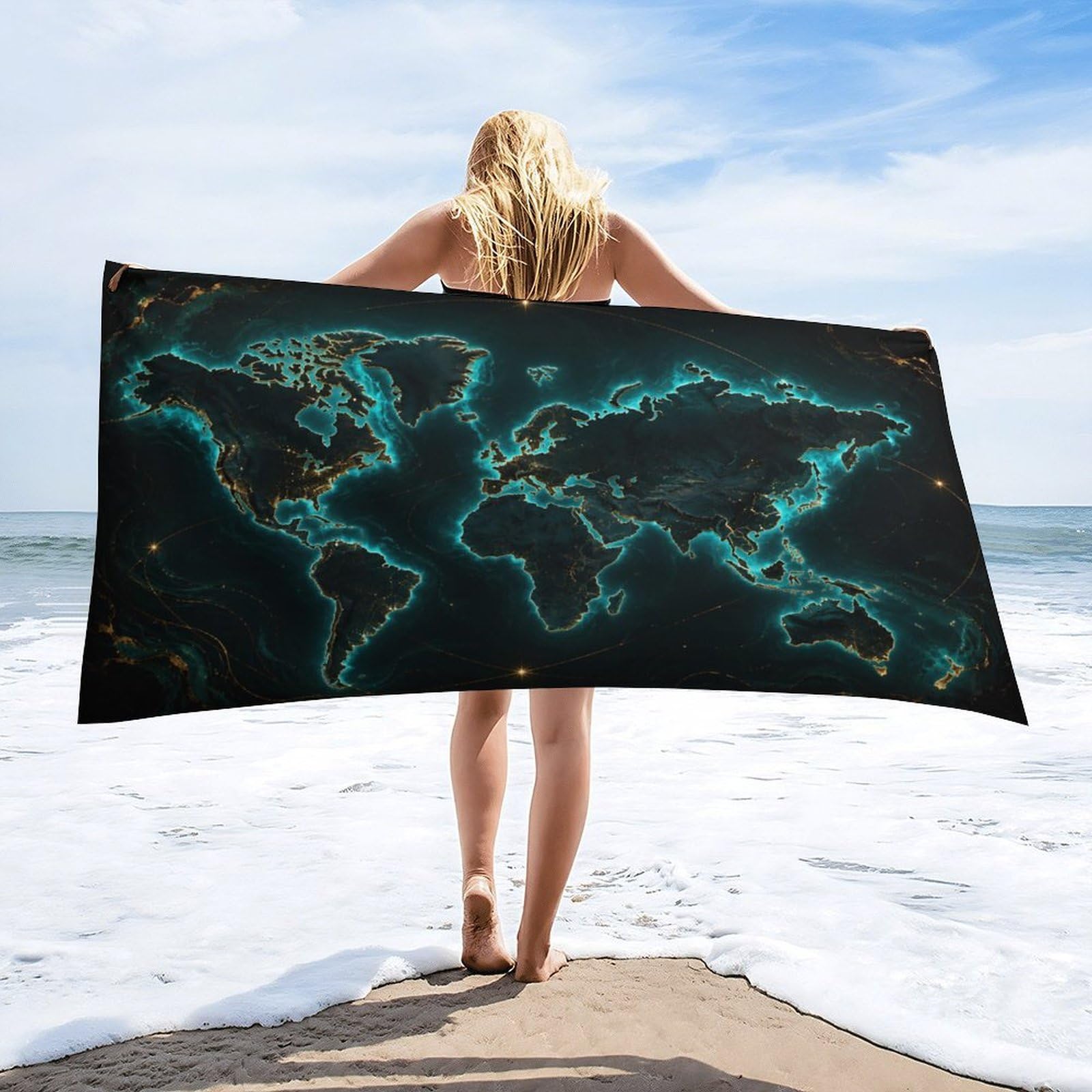 Anceky World Map Beach Towel 30"×60",Soft Microfiber Bath Towel Shawl, Quick Dry Absorbent Pool Spa Gym Shower Towel