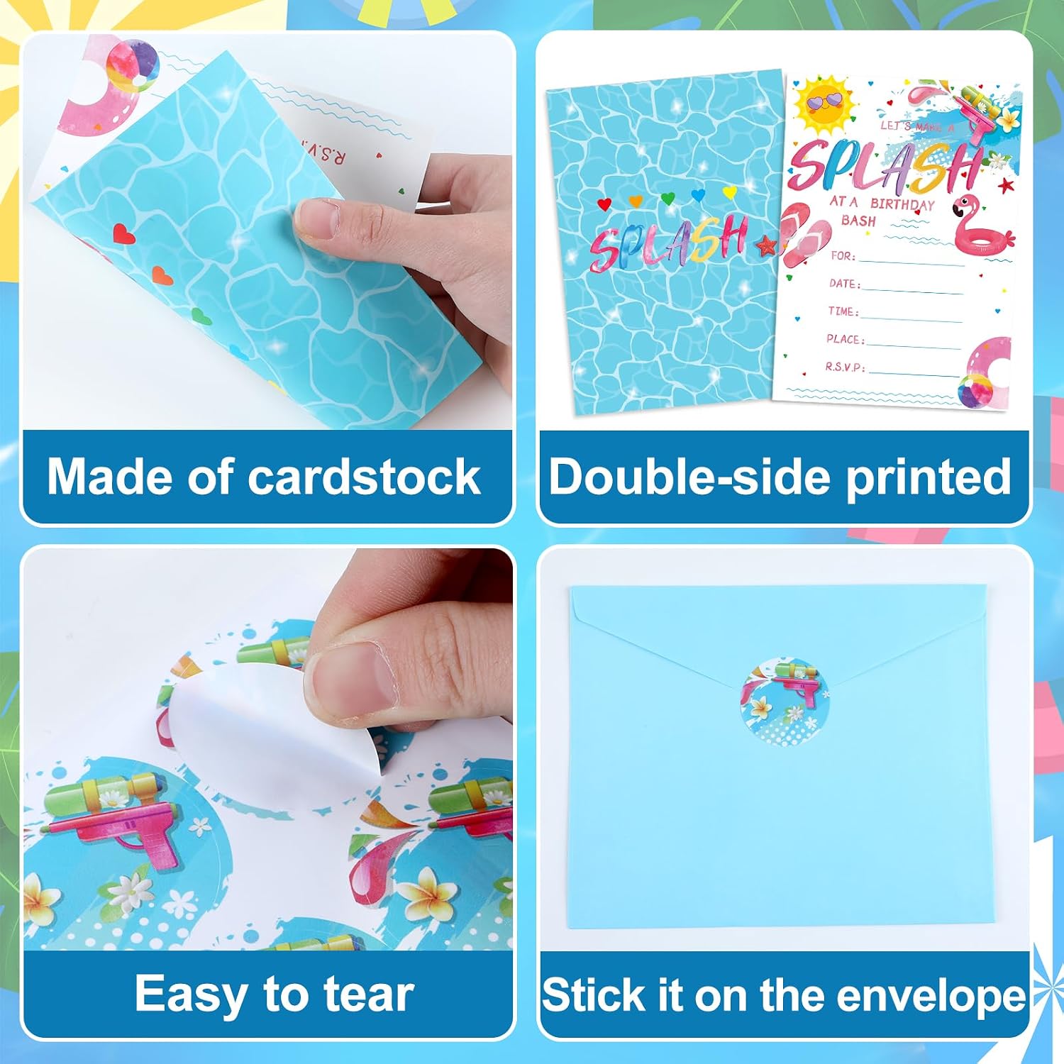 Qyeahkj 36 Set Pool Party Invitations with Envelopes and Stickers for Girls Swimming Party Invitation Cards for Kids Boys Baby Shower Summer Pool Birthday Hawaiian Tropical Theme Party Favors