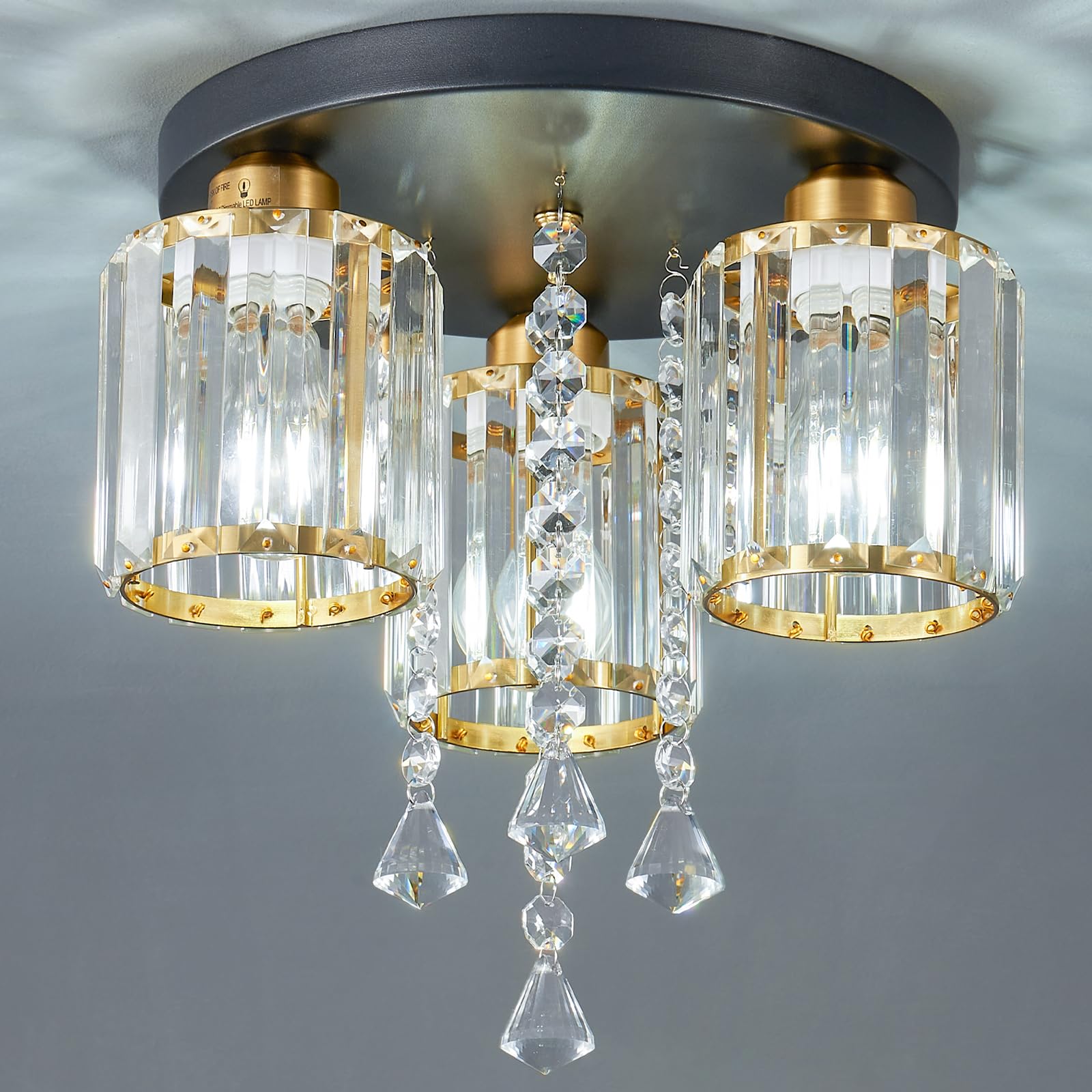 Semi Flush Mount Lampada da soffitto a 3 luci da soffitto vicino al soffitto in oro nero cristallo design moderno lampada per cucina, ingresso, camera da letto, bagno, corridoio