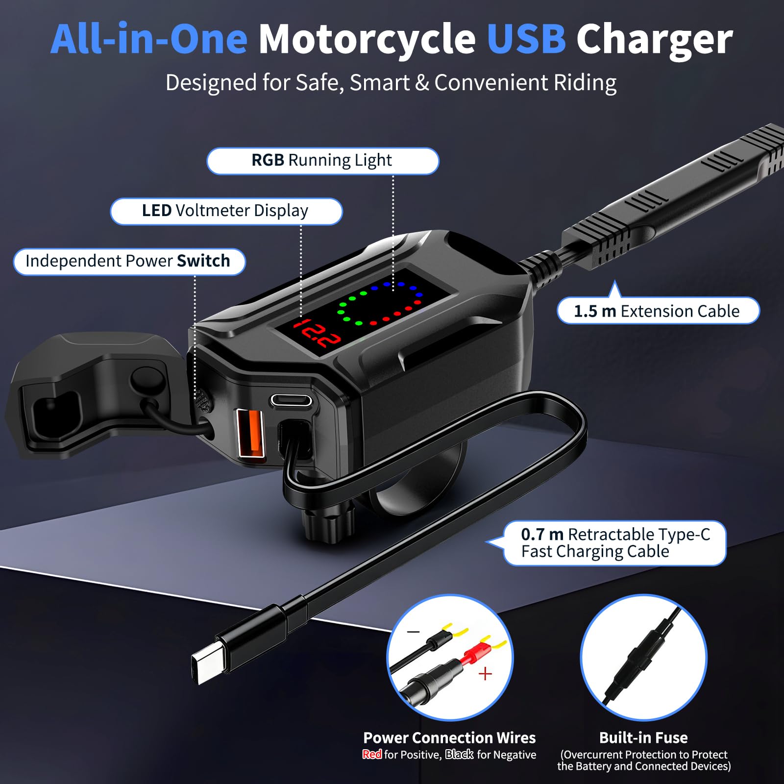 Prise USB Moto Etanche avec Un câble de Charge Rapide rétractable de Type C de 70 CM de Long, 3 en 1 Prise USB C pour Moto avec Interrupteur et voltmètre LED pour SUV Marin Bateaux (Black)