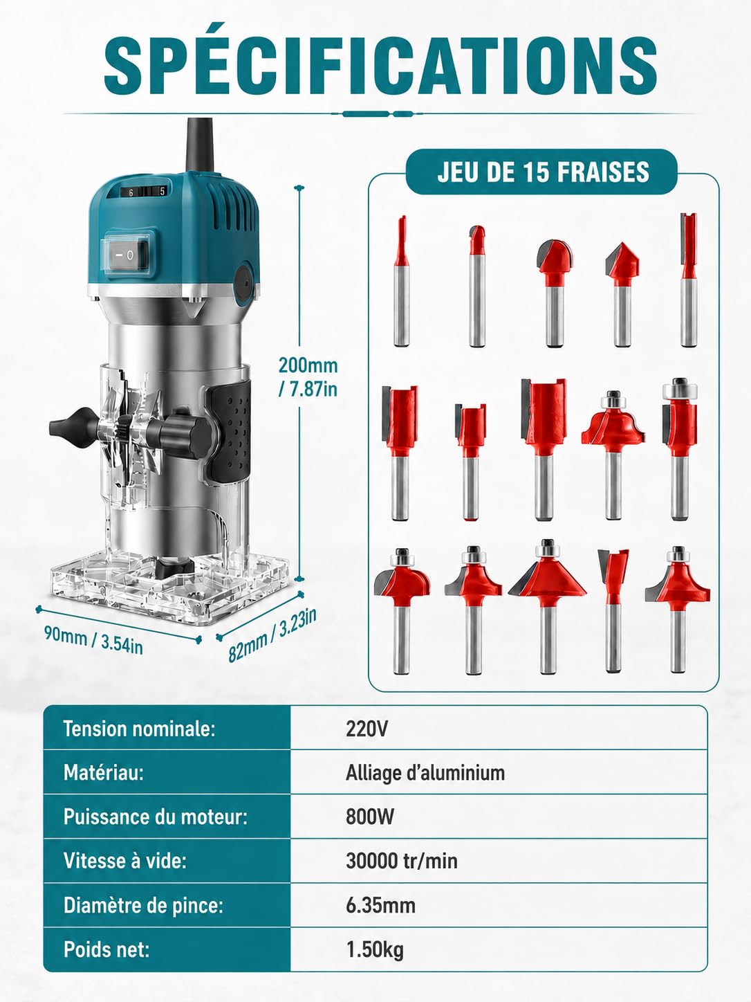 VOBOR Affleureuse à Bois Défonceuse Électrique, 800W 30000 RPM Défonceuse à Bois avec 15 Fraises à Défoncer Queue de 1/4", Outil de Routeur avec Pinces de 6/6.35mm pour Travail du Bois