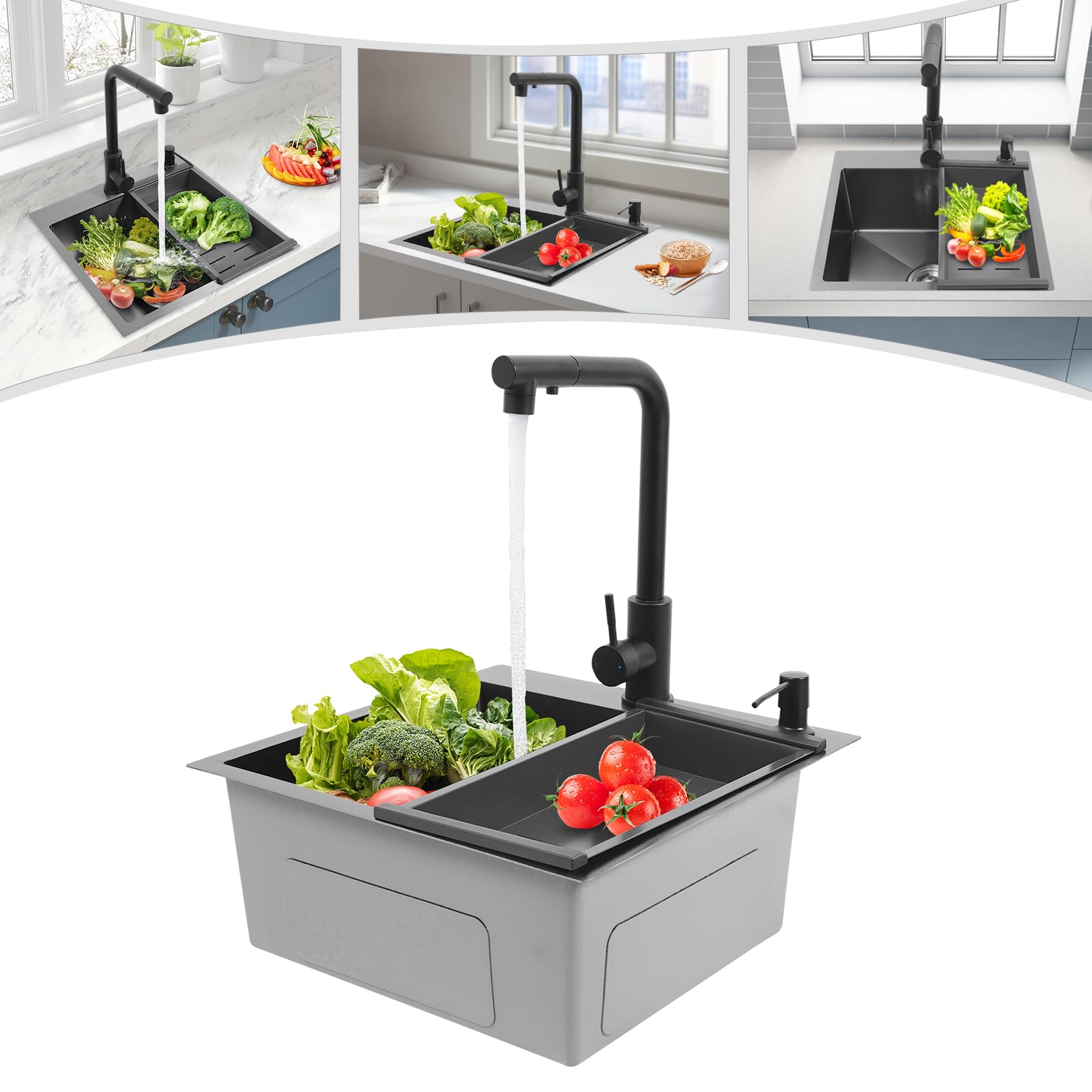 Fregadero de cocina de acero inoxidable con grifo, color negro, 45 x 45 cm, incluye grifo extensible, dispensador de jabón y desagüe