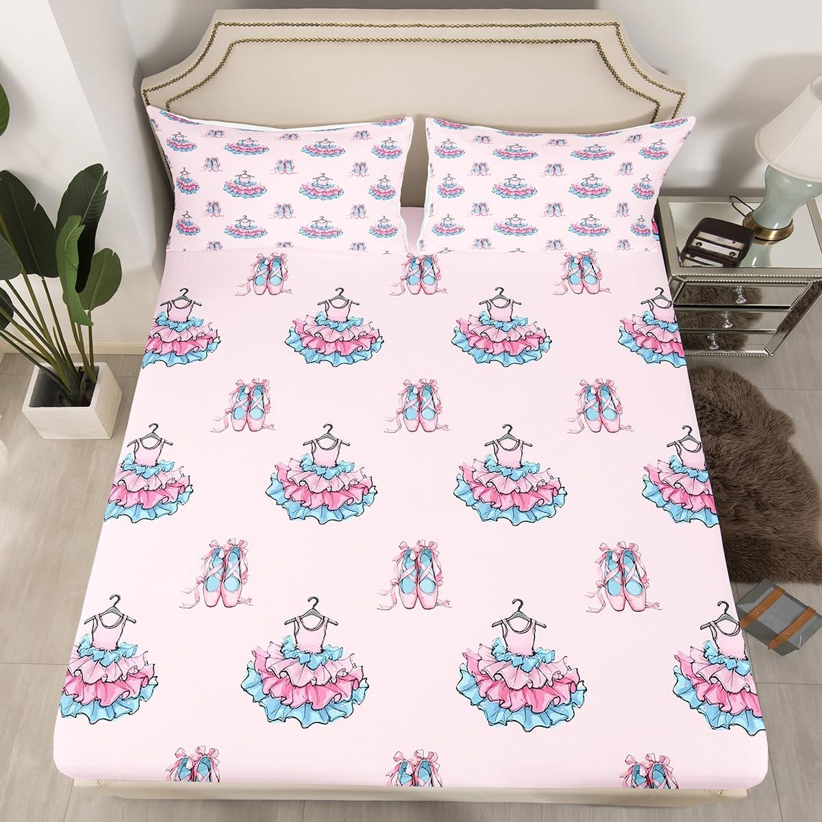 Cartoon Princess Dress Fitted Sheet Queen Size 3 Pcs,Girly Bowknot Decor Ballet Shoes Bedding Set for Kids Girls Teens,Watercolor Lovely Dresses Bed Sheet with 2 Pillowcases(No Top Sheet)