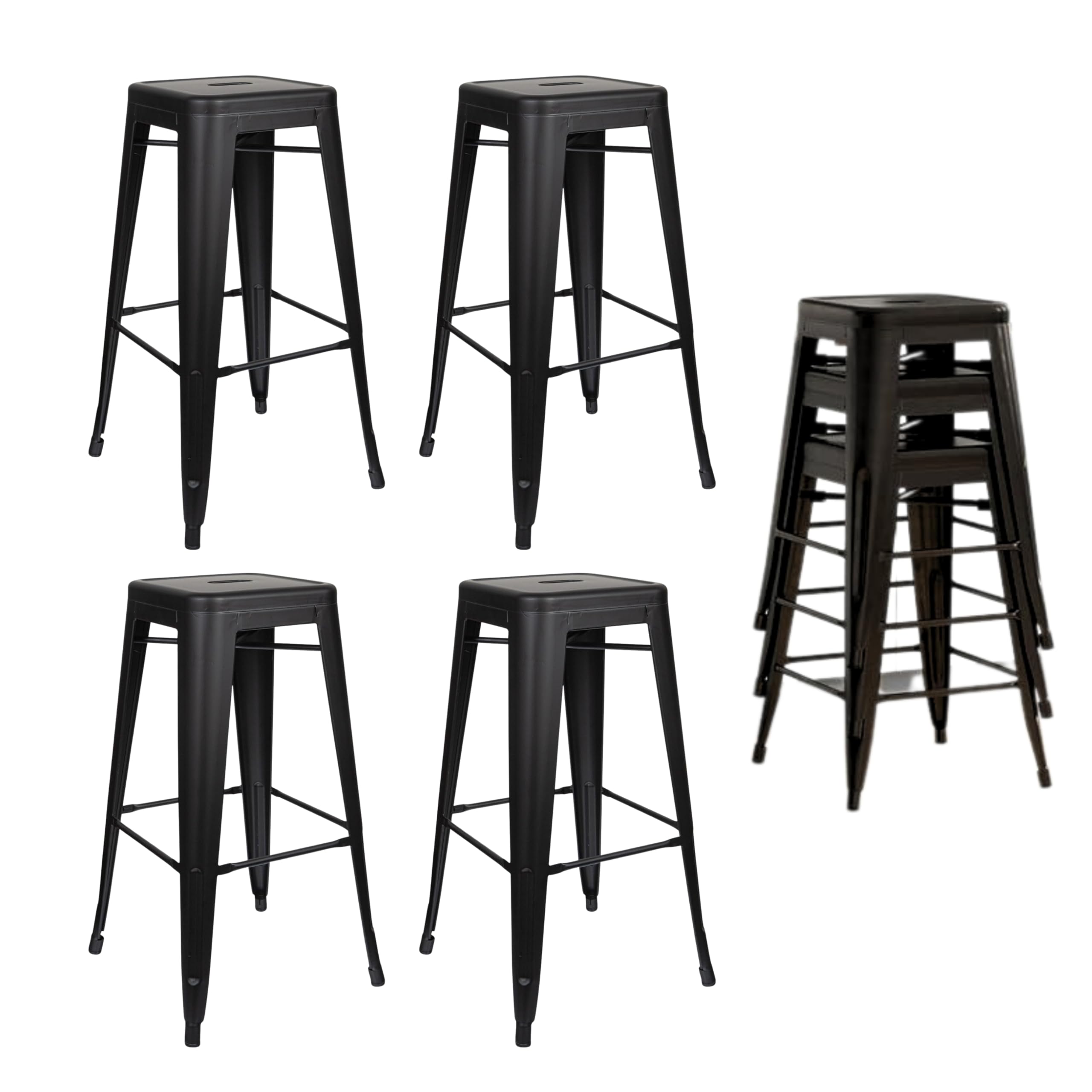 HOM4NISH Metal Bar Stool with Footrest - Set of 2, 4 - Backless, Armless, Square Seat, Counter Height, Stackable Bar Chair (2, Matt Black, 42 x 42 x 76 cm) โ image 1