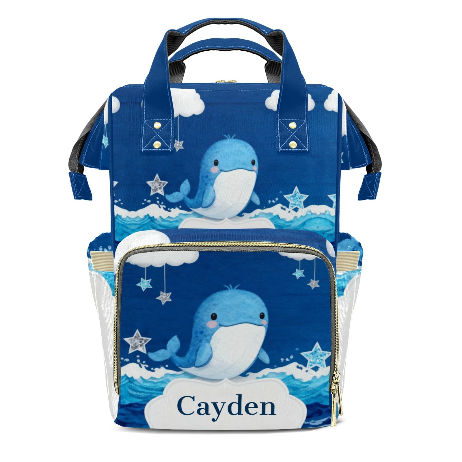 Personalized Diaper Bag Backpack Name Watercolor Whale Star Sea Wave Convenient and Durable: Waterproof Multi-Compartment Nappy Bag