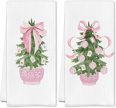 Christmas Chinoiserie Mahjong Kitchen Towels, Mahjong Lover Player Gifts Dish Tea Towels, Pink Bow Christmas Tree Decorative Hand Towel for Kitchen Bathroom, 16x24 Inch Set of 2