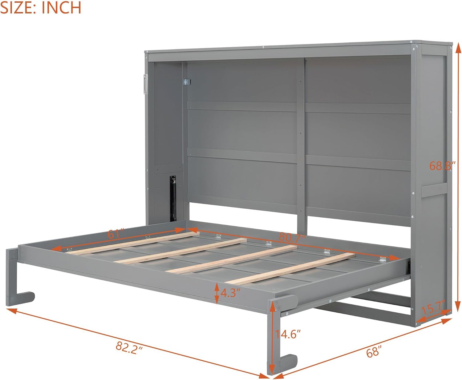 Murphy Bed Queen Size, Wood Cabinet Bed Frame with A Storage Shelf, Modern Foldable Wall Bed for Home Office Studio, No Box Spring Needed, Gray