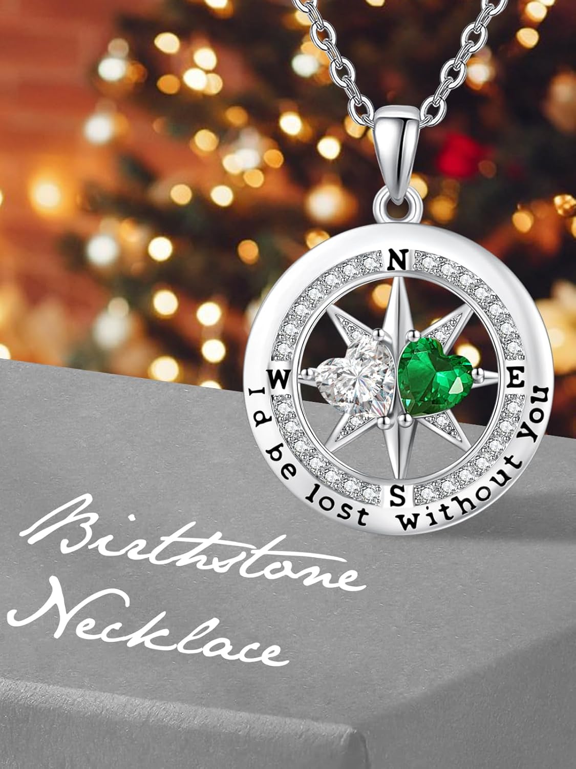 Valentines Day Necklace Gift for Wife Silver Compass Double Birthstone Pendant Necklaces for Her Wife Anniversary Birthday Gifts Diamond & Green Emerald April & May - Image 5