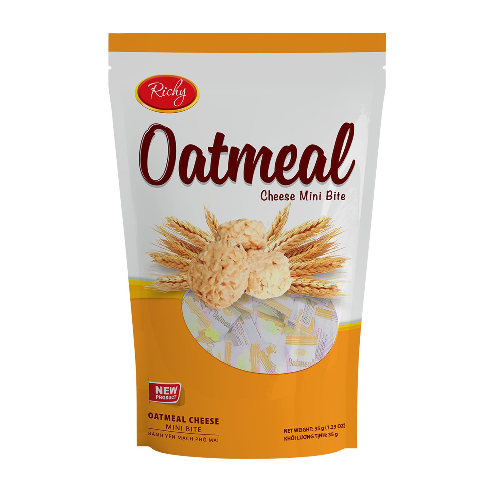 Richy Oatmeal Mini Bites Cakes Oatmeal Cheese Mini Bites Oatmeal Chocolate Mini Bites nutritious whole grain snack with high fiber for digestive Korean snack Vietnamese snack health low sugar low fat perfect for dieters convenient and portable snack for office travel and fitness (1 Pack, Oatmeal Cheese Mini Bites-35g)