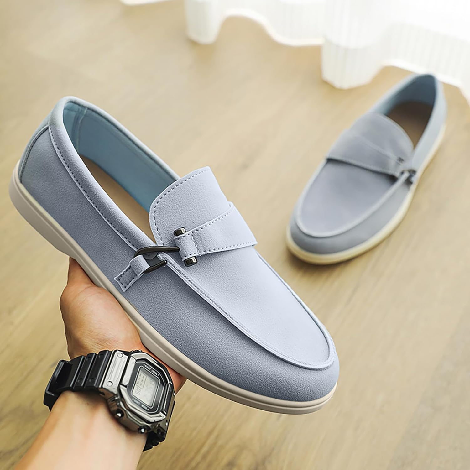 Men's Retro Suede Flat Loafers with Metal Buckle Comfortable Slip-on Round Toe Non-Slip Business Causal Dress Sneakers for Office Outdoor Driving Formal