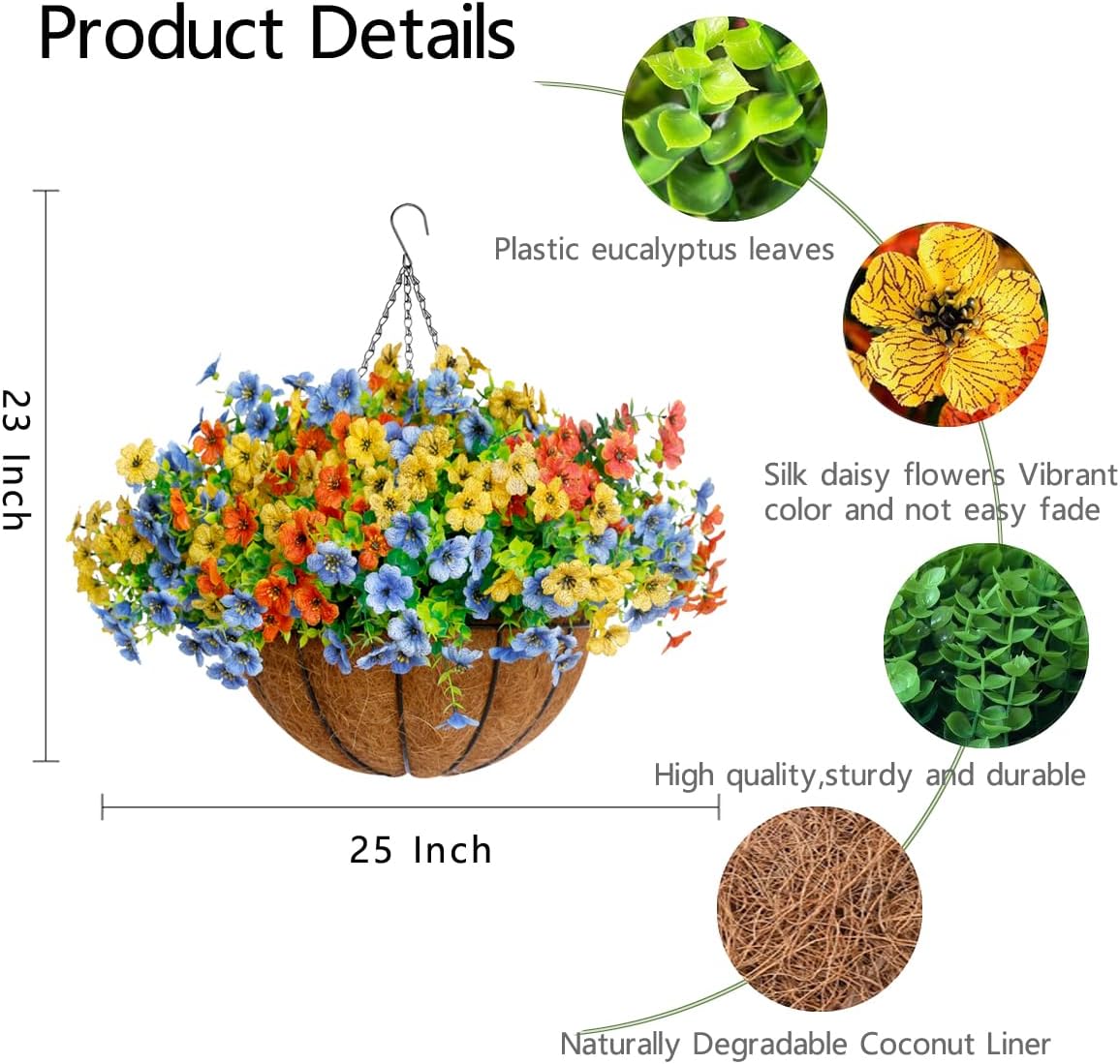 14 inch 2 Pack Artificial Faux Hanging Plants Baskets with 36 Pcs Flowers for Outdoor Outside Decoration,Fake Silk Daisy UV Sun Resistant for Porch Patio Balcony Yard Decor (Blue Yellow Orange)