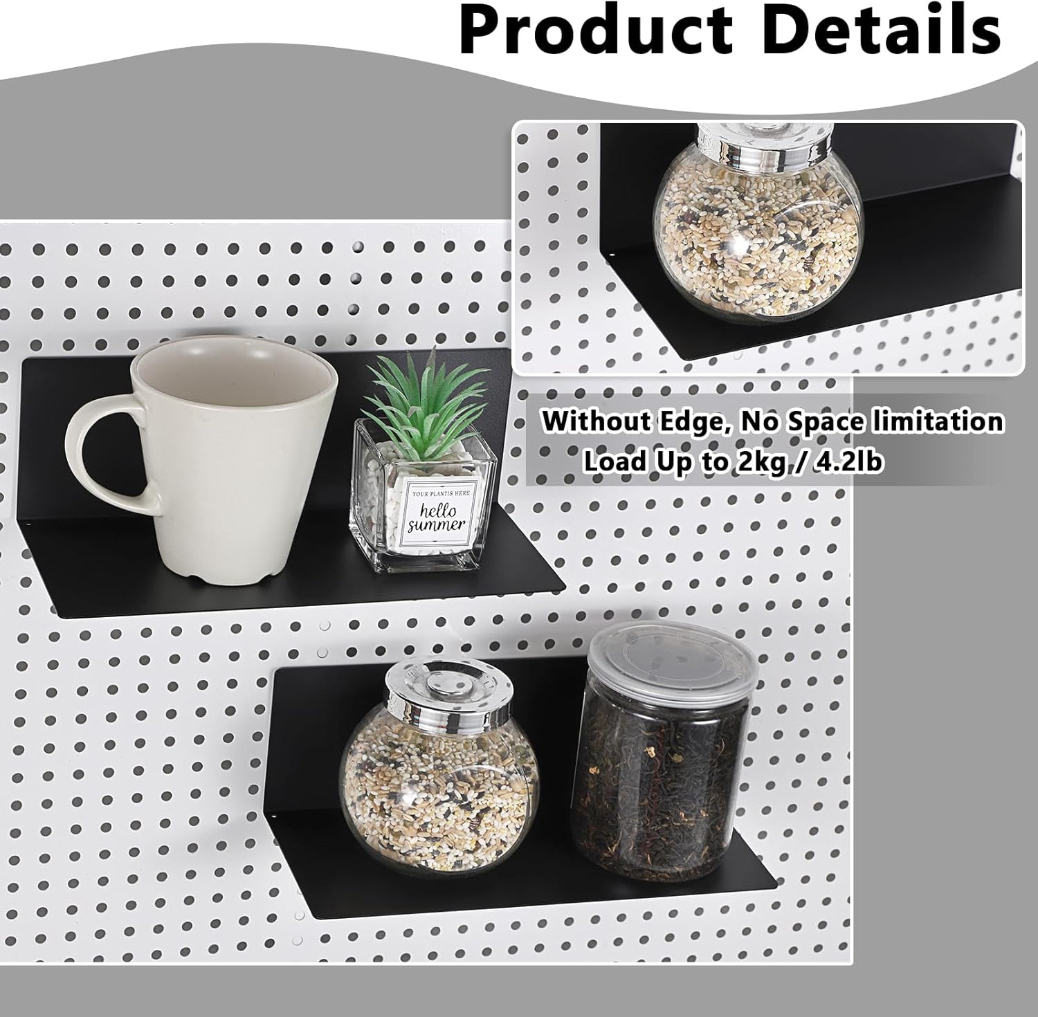 Kokone 6 Pack Magnetic Pegboard Shelves for Storing or Displaying, 10x4.3 Inch Flat Display Shelves for Pegboard, Wall Pegboard Shelves Accessories Steel Tray for Garage Workshop Craft Room Organizer