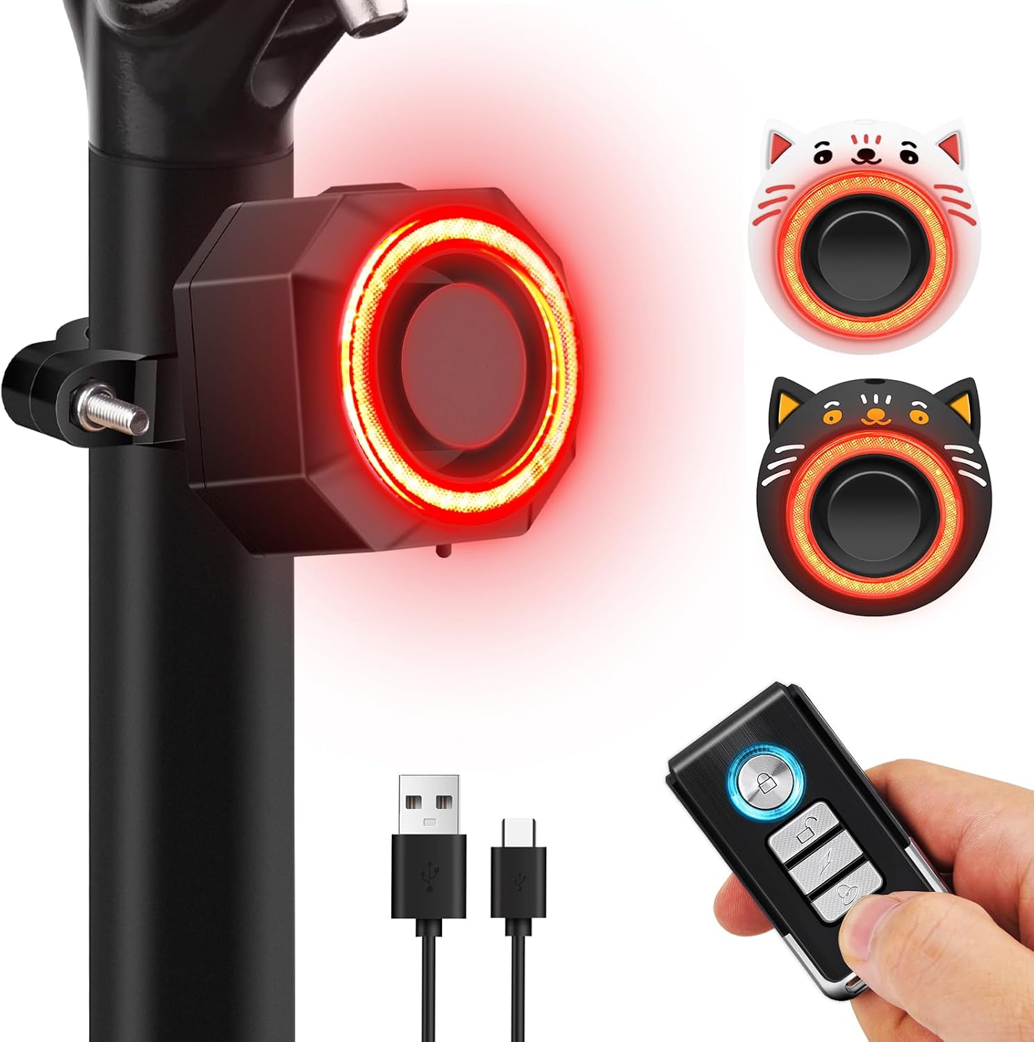 Smart Bike Tail Light with Lovely Cat Kittie Soft Silicon Cover, NineLeaf Bike Alarm Tail Light Remote, Auto On/Off Cycling Safety Brake Taillight USB Rechargeable Ultra Bright COB High Lumen Light