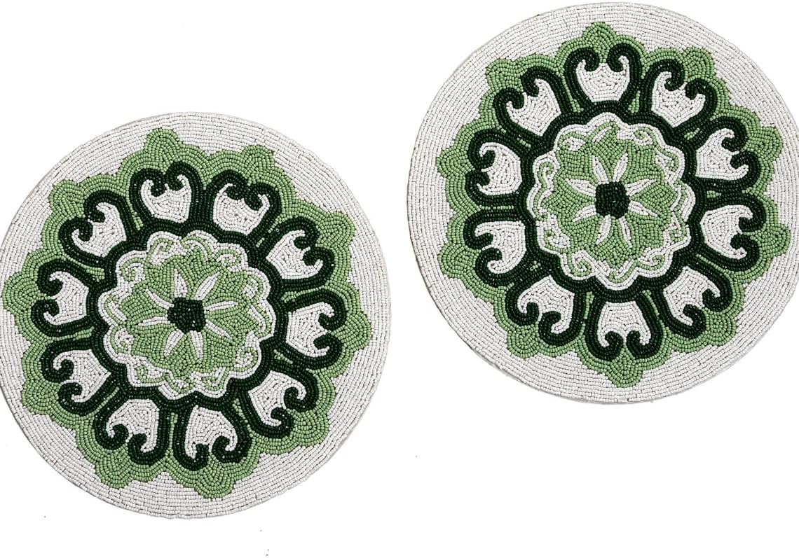 HM Creation Multicolor Floral Tablemats, Designer Placemats, White and Green Placemats, Designer Charger Plate 13X13 Inches (Set of 2 (13 x 13 in))