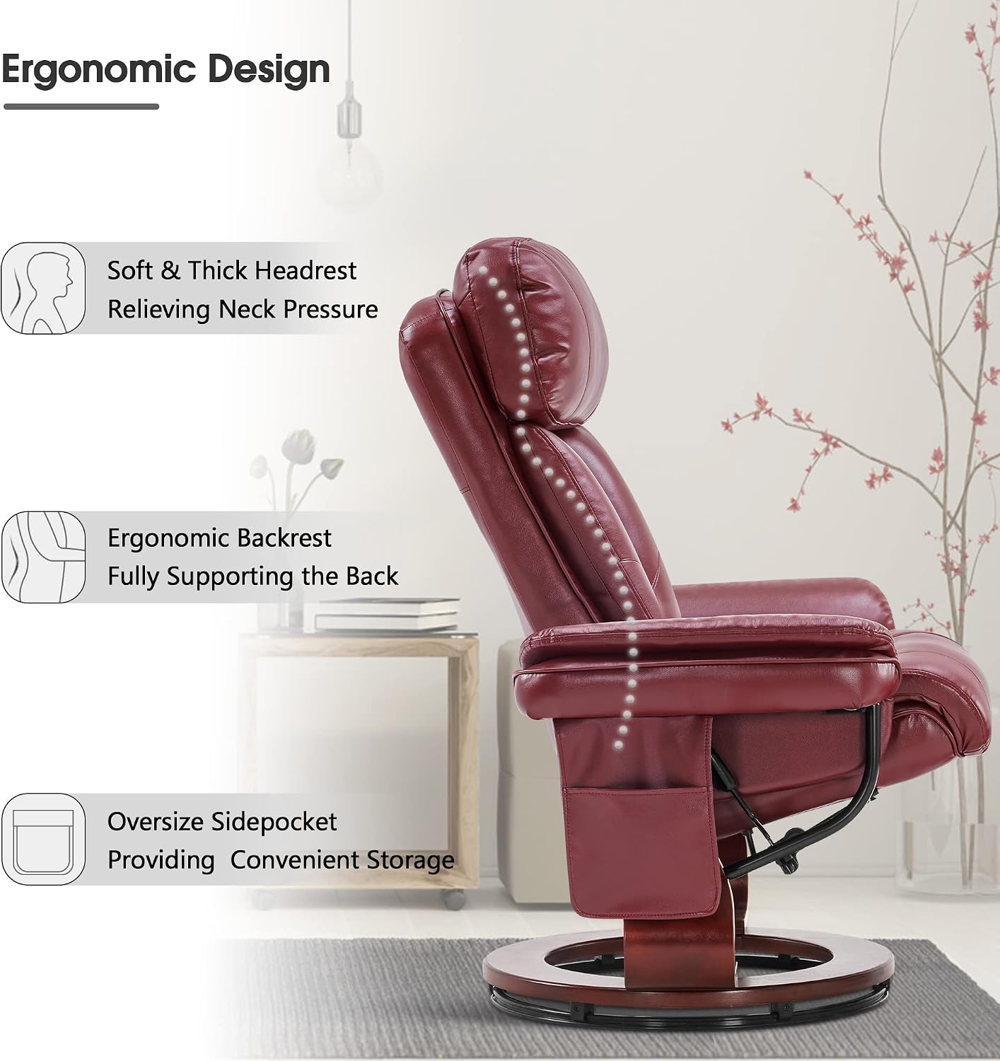 MCombo Swivel Recliner with Ottoman, Faux Leather TV Chair with Vibration Massage, Ideal for RV Small Space, Living Room & Bedroom 4999 (Faux Leather, Burgundy)