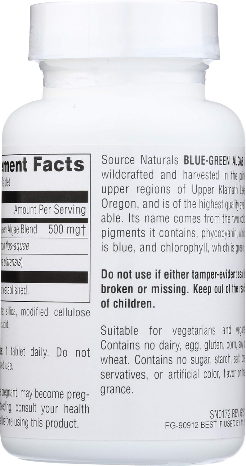 Source Naturals Blue Green Algae from Klamath Lake - Algae Superfood Supplement, 500 mg - 100 Tablets