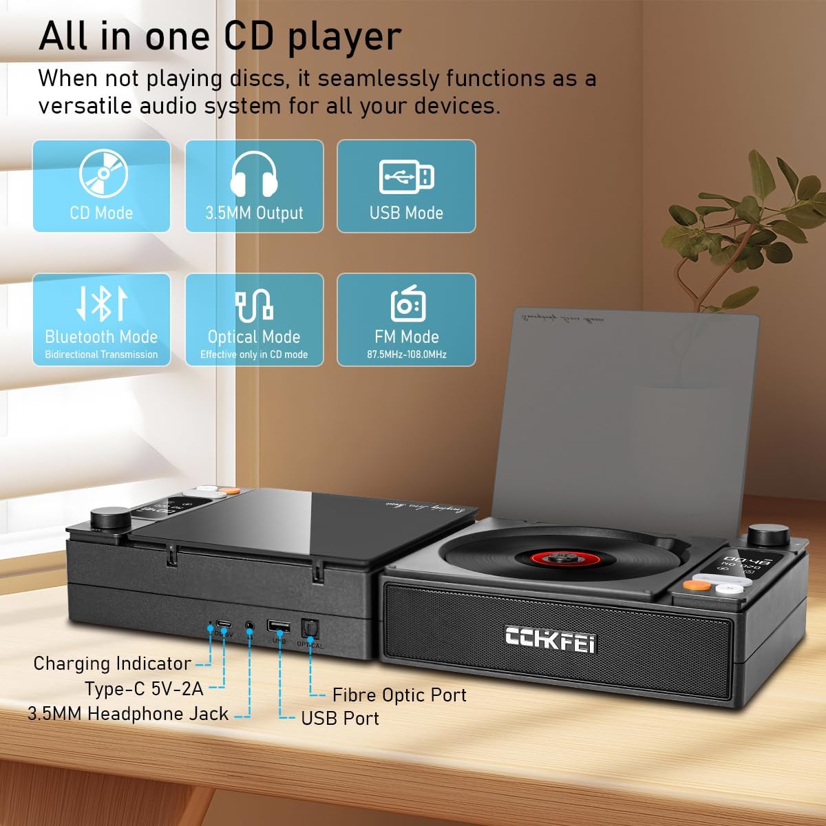 Portable CD Player with Bluetooth Desktop Portable CD Players for Home with Remote Travel 4000mAh Rechargeable CD Player with Speakers FM Radio Headphones AUX Cable Optical USB