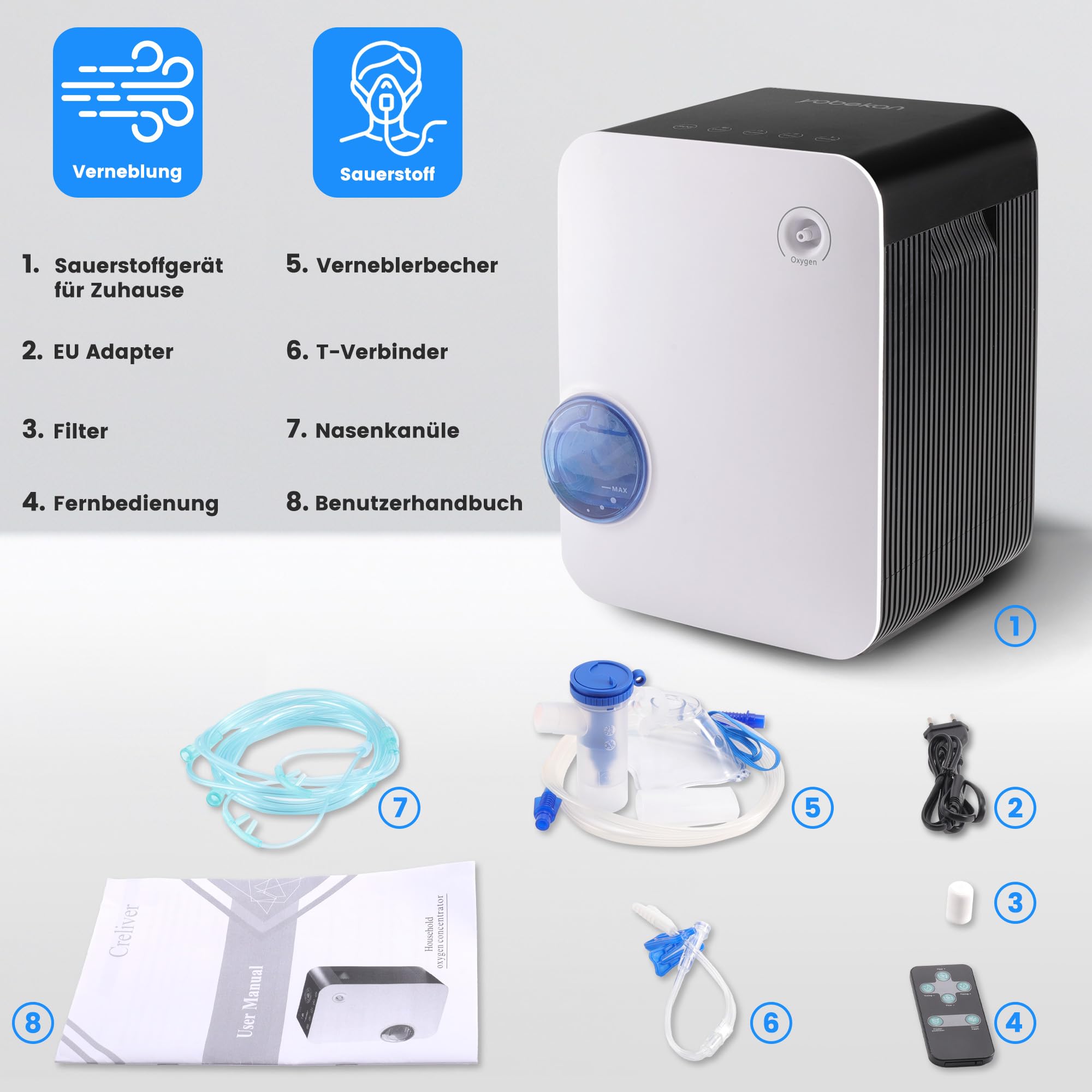 Sauerstoffkonzentrator Tragbarer, Hochreine 96% Sauerstoffgerät für Zuhause, 2-9 L/min Einstellbarer Durchfluss, Hochwertiger Oxygen Concentrator, mit Fernbedienung (Anleitung in Deutsch)
