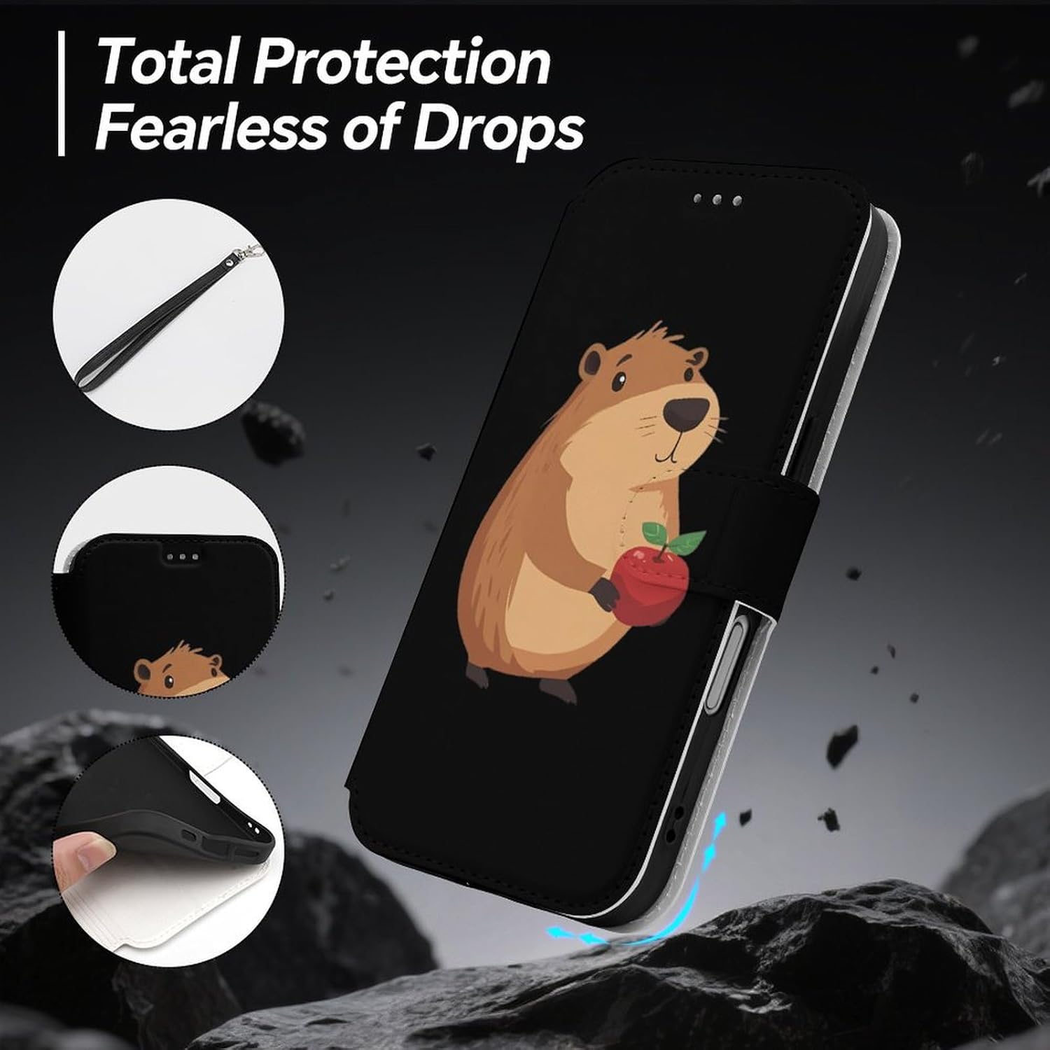 Cute Capybara Compatible with iPhone 16/16 Plus/16 Pro/16 Pro Max/16 E Case Phone Wallet Card Holder Flip Cover with Wrist Strap