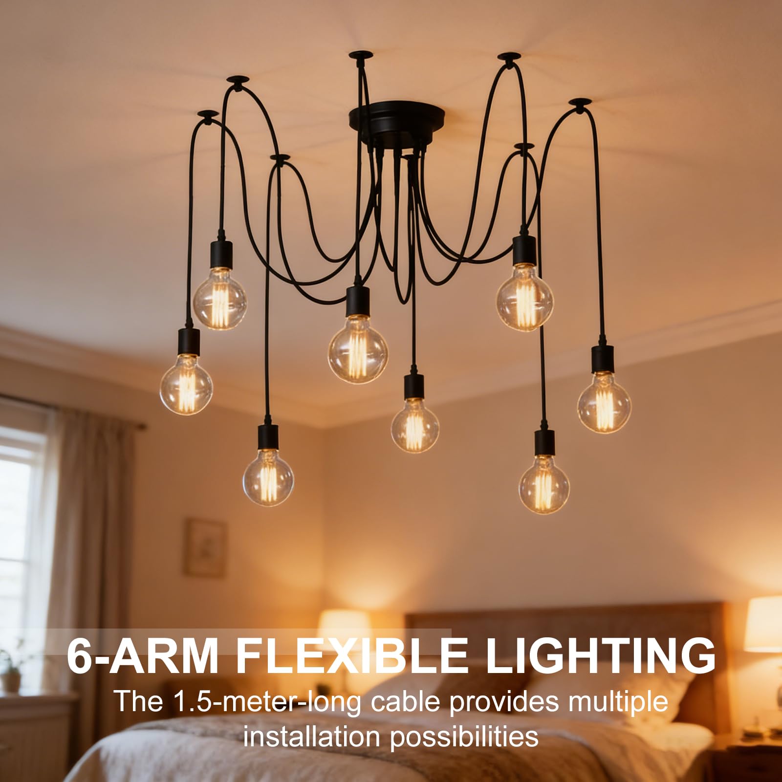 BORDEAG Lampadario a forma di ragno, 8 teste, fai da te, attacco E27, lampada da soffitto regolabile fai da te con cavo da 150 cm, lampadario vintage industriale per sala da pranzo, camera da letto