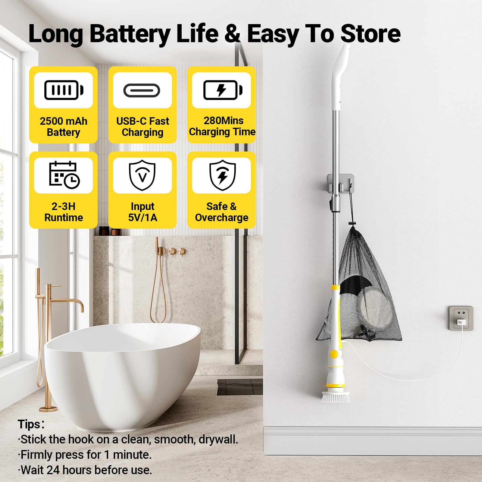 Electric Spin Scrubber, Cordless Cleaning Brush with LED Display, 4 Adjustable Angles, 3 Speeds, 2H Runtime, Adjustable Handle, 5 Brush Heads for Bathroom Tub Kitchen Tile Floor Car