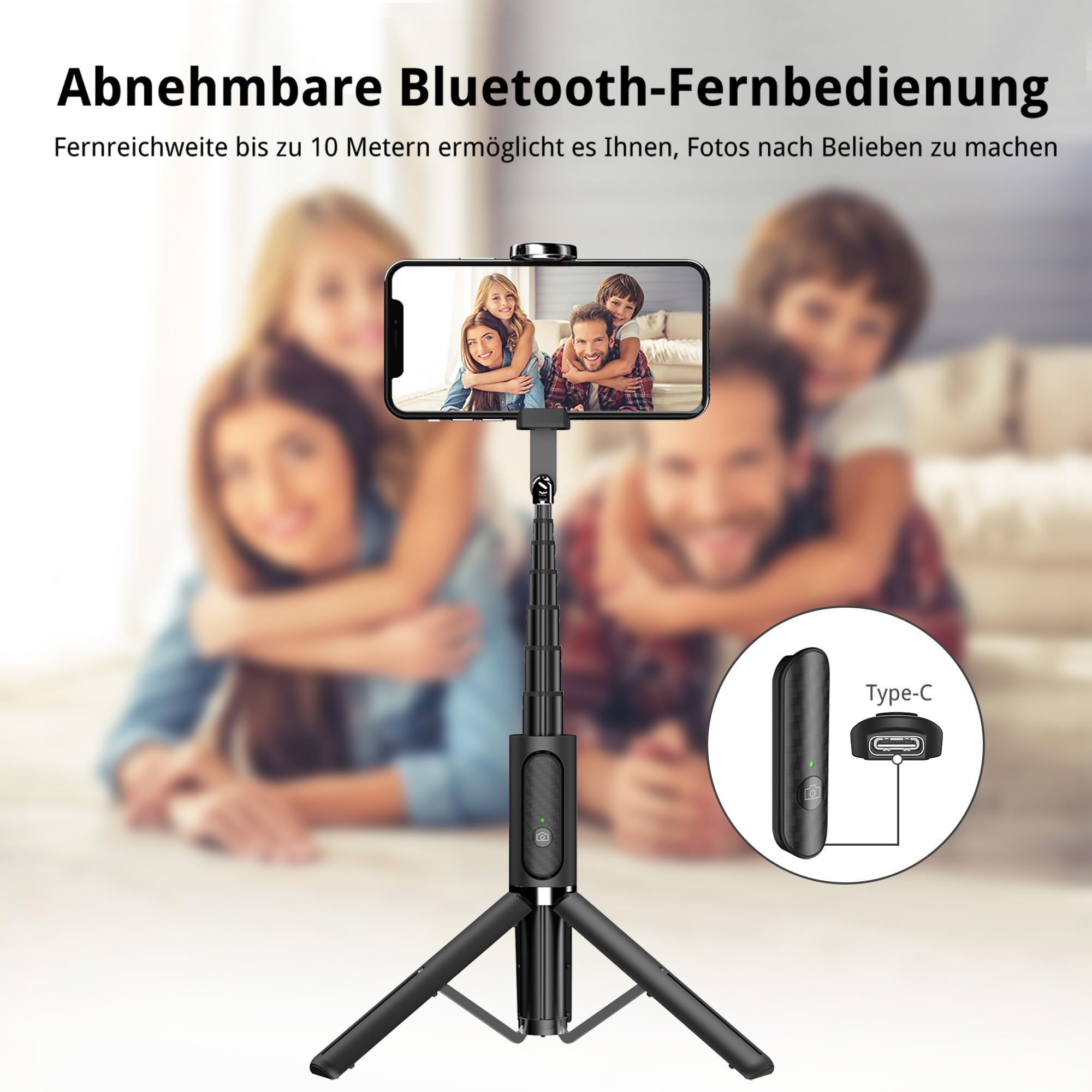 ATUMTEK Selfie Stick Stativ, 3-in-1 Ausziehbares Aluminium Handy Stativ mit kabelloser Bluetooth-Fernbedienung, Kompatibel mit iPhone 17/16/15/14/13/12 mini/11 Pro und Samsung Smartphones, Schwarz