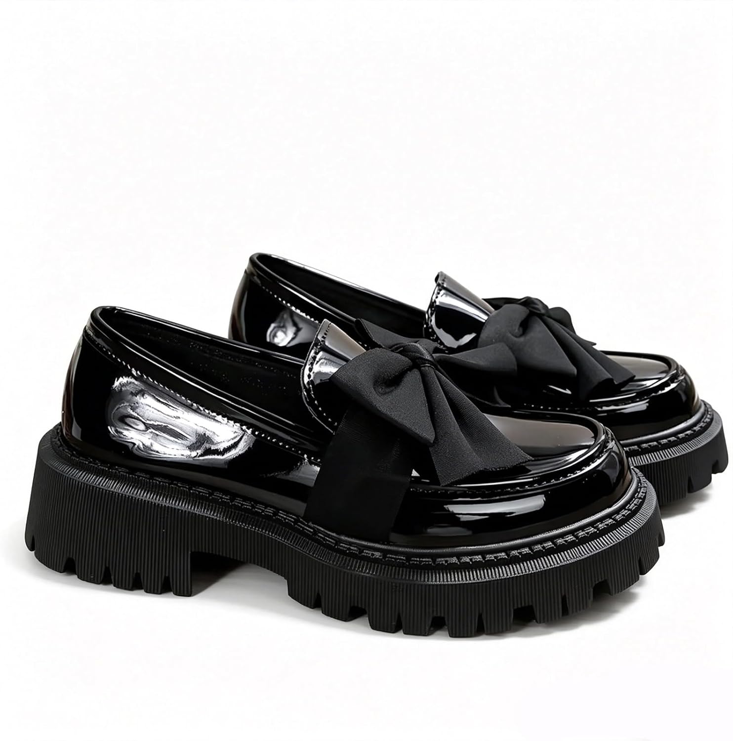 GeeYea Loafers for Women, Black Glossy Patent Leather Loafers with Bow | Slip On Platform Chunky Lug Sole Dress Shoes, Non Slip Thick Sole for Office Work Casual Daily Wear