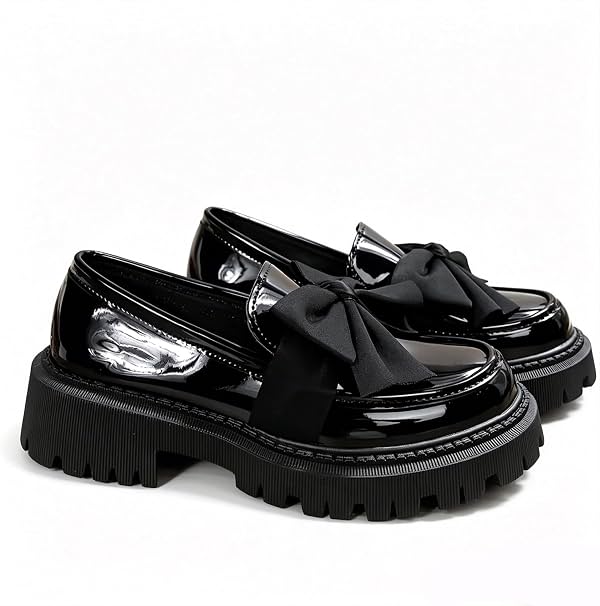 GeeYea Zapatos para Mujer, de Cuero Brillante Negro con Moño