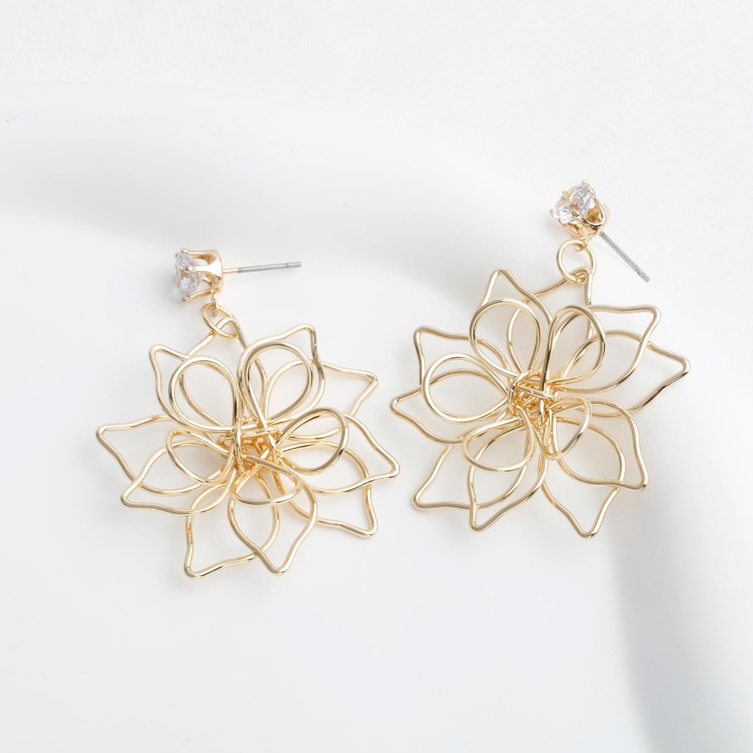 Handmade Gold Wire Wrap Flower Dangling Earrings Lightweight Floral Petal Dangle Drop Earrings - Image 4