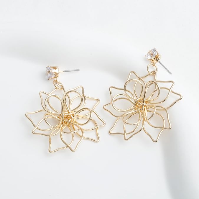 Handmade Gold Wire Wrap Flower Dangling Drop Earrings