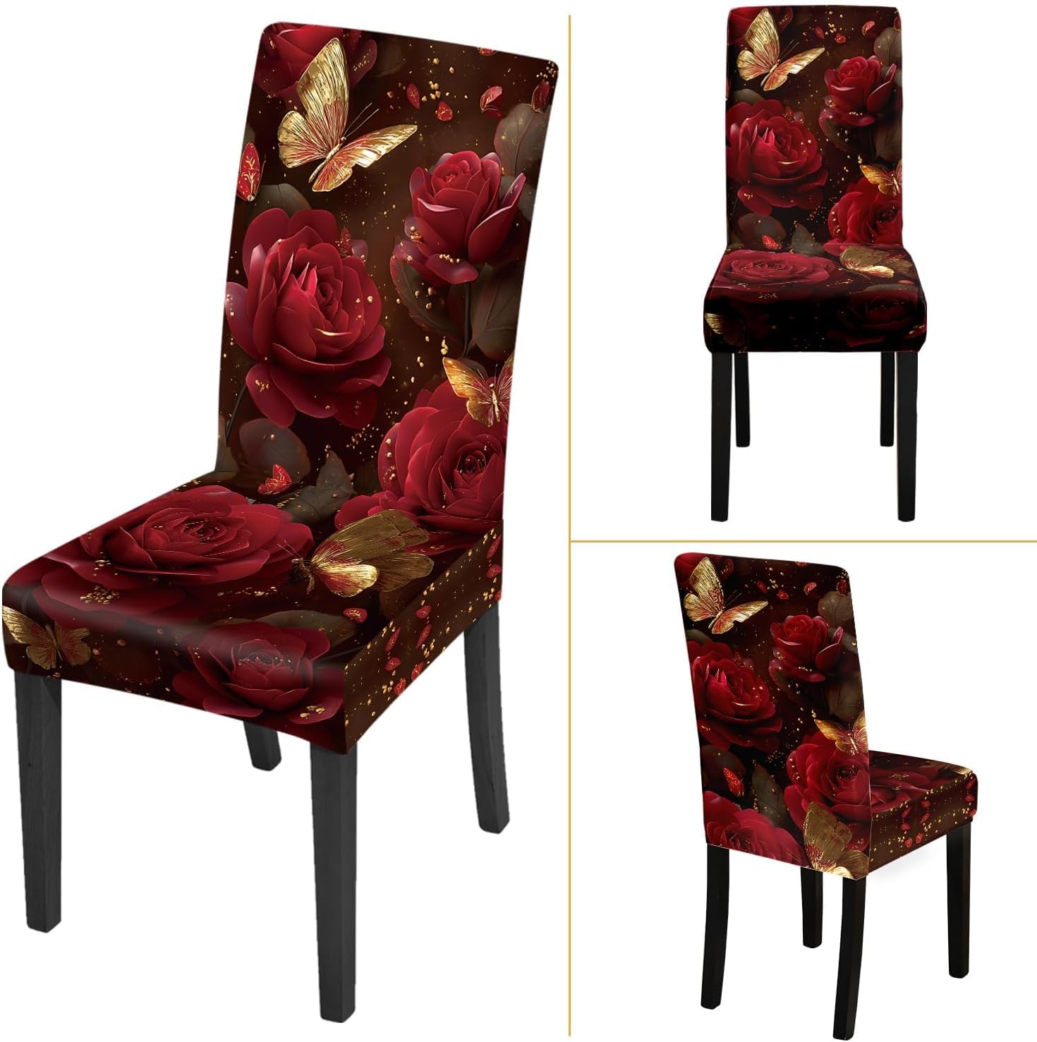 Dining Chair Covers Set of 6, Stretch Spandex Parsons Chair Slipcovers, Red Rose and Gold Butterfly Pattern, Removable Washable Dining Room Kitchen Chair Protectors