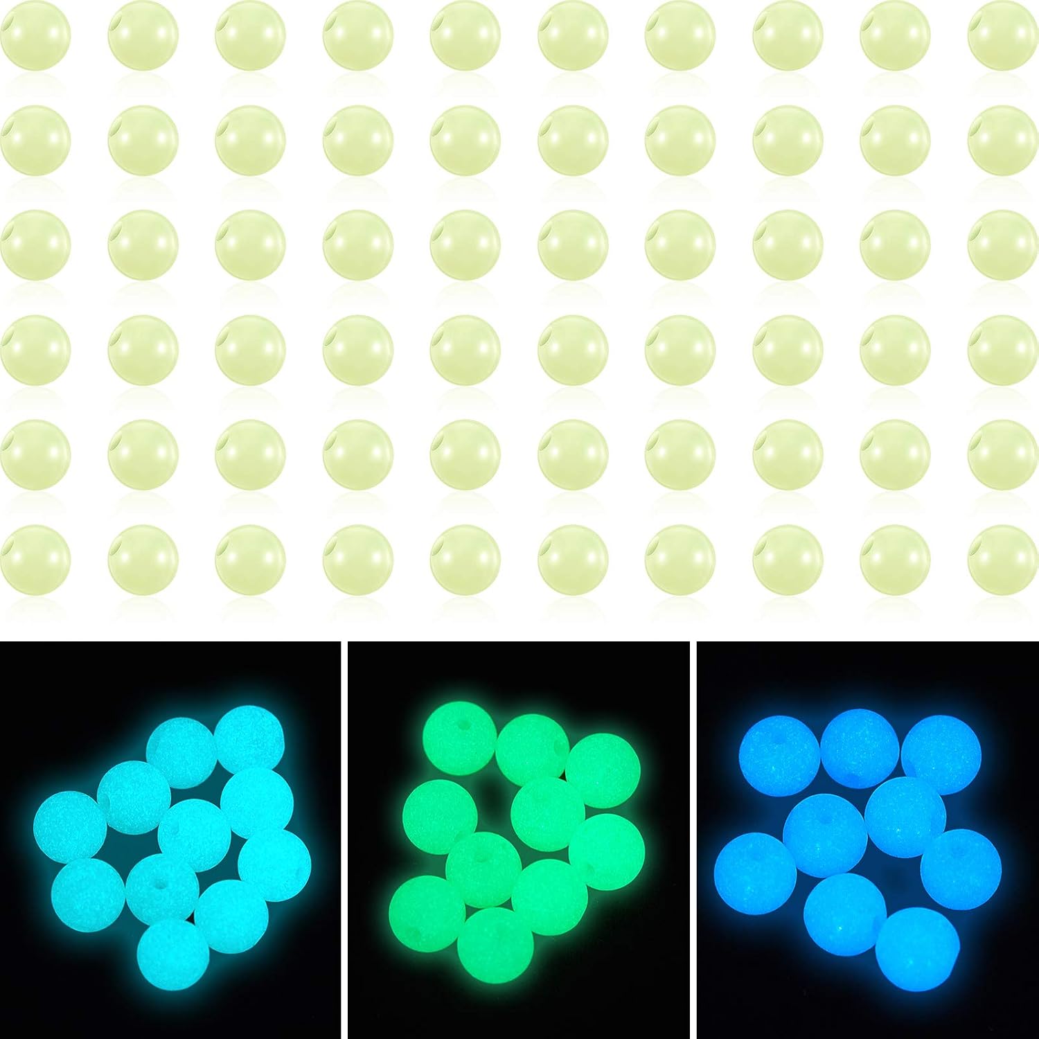 60 Pieces Quartz Pearl Balls UV Reactive Quartz Balls 6 mm Green, Blue and Glow Blue Glowing Pearls for Decorations Supplies, 3 Colors