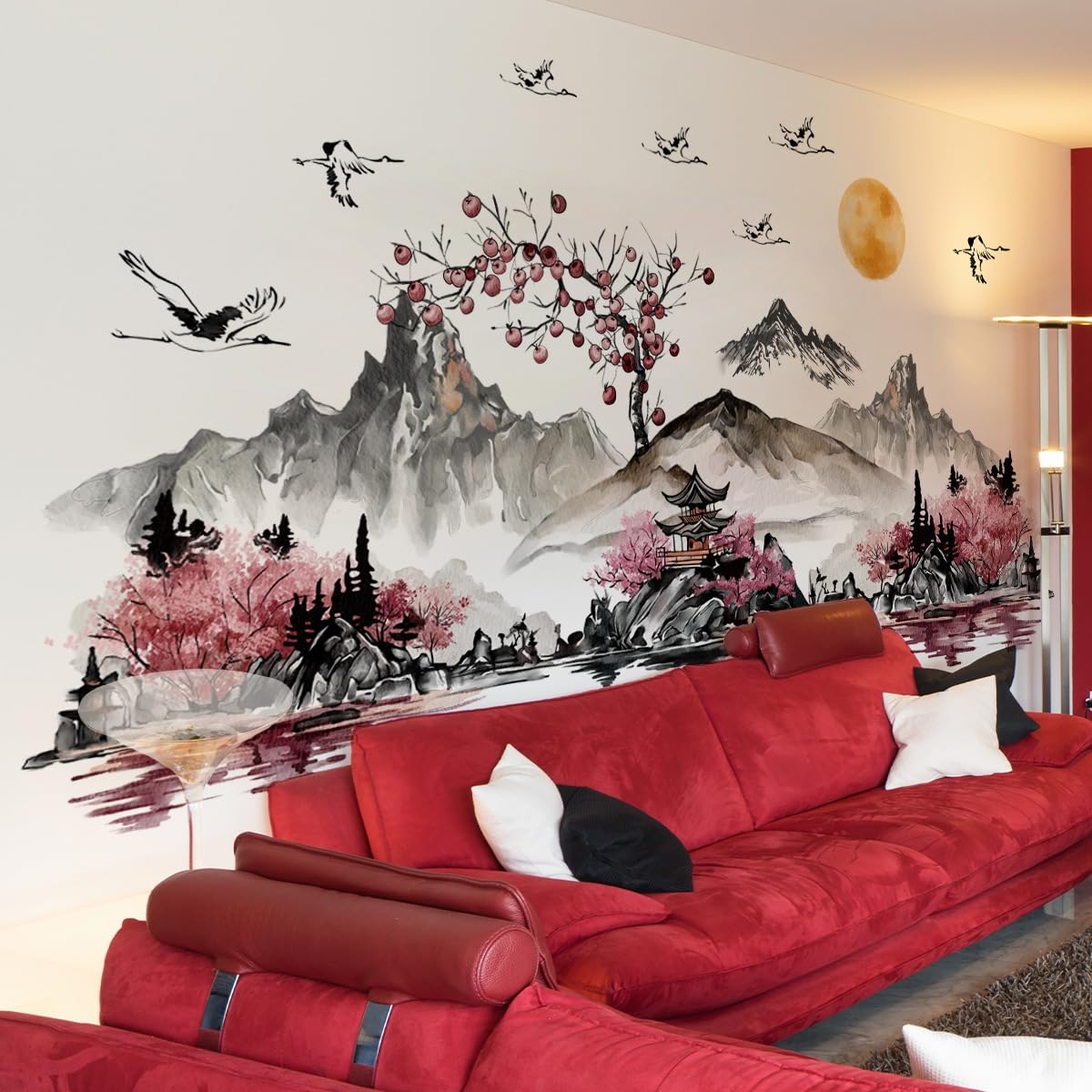 Japanische Berglandschaft Wandaufkleber Kirschblütenbaum mit Pagode, große Größe 125 x 62 cm
