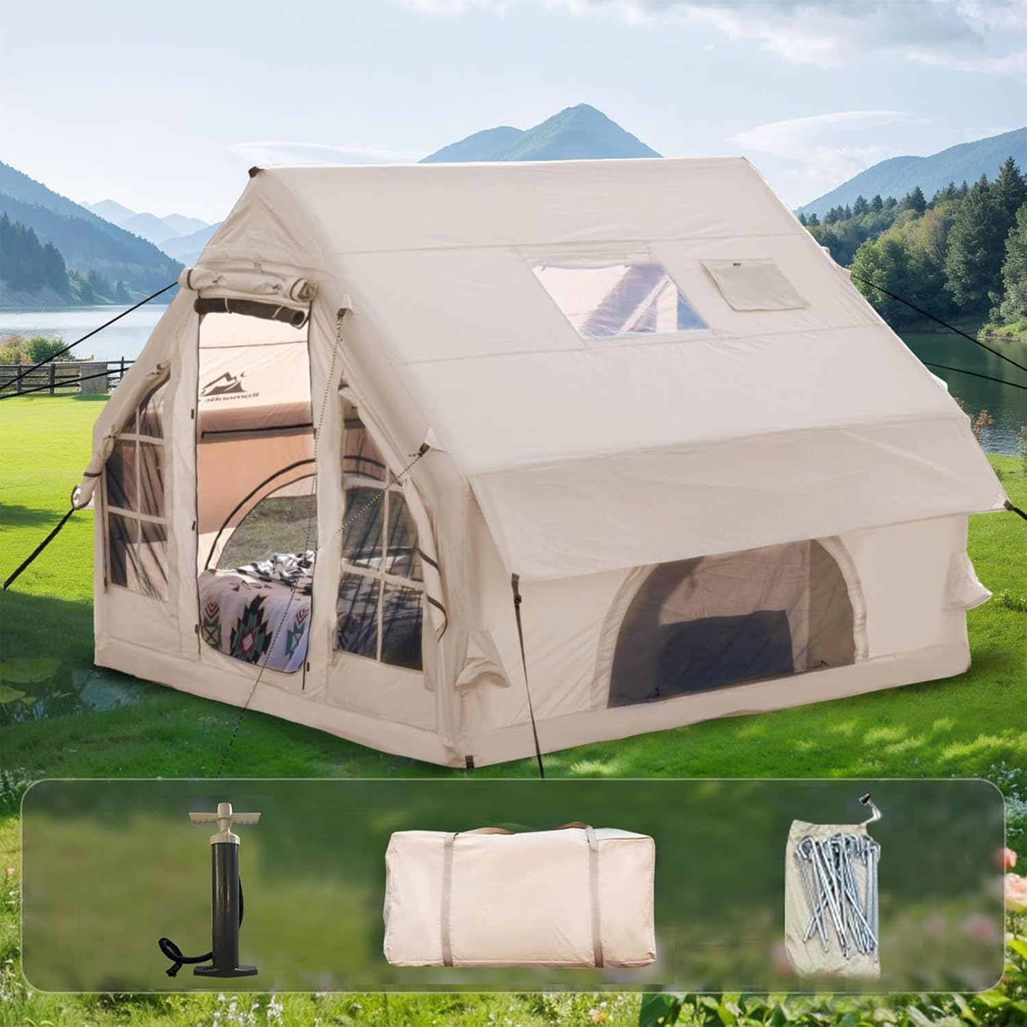Inflatable Tent for Camping, Quick Setup Blow Up Tents with Pump, Waterproof Oxford 4 Season Air Tent with Skylight, Large Glamping Tent for 2/4/6/8/12 Person image 5