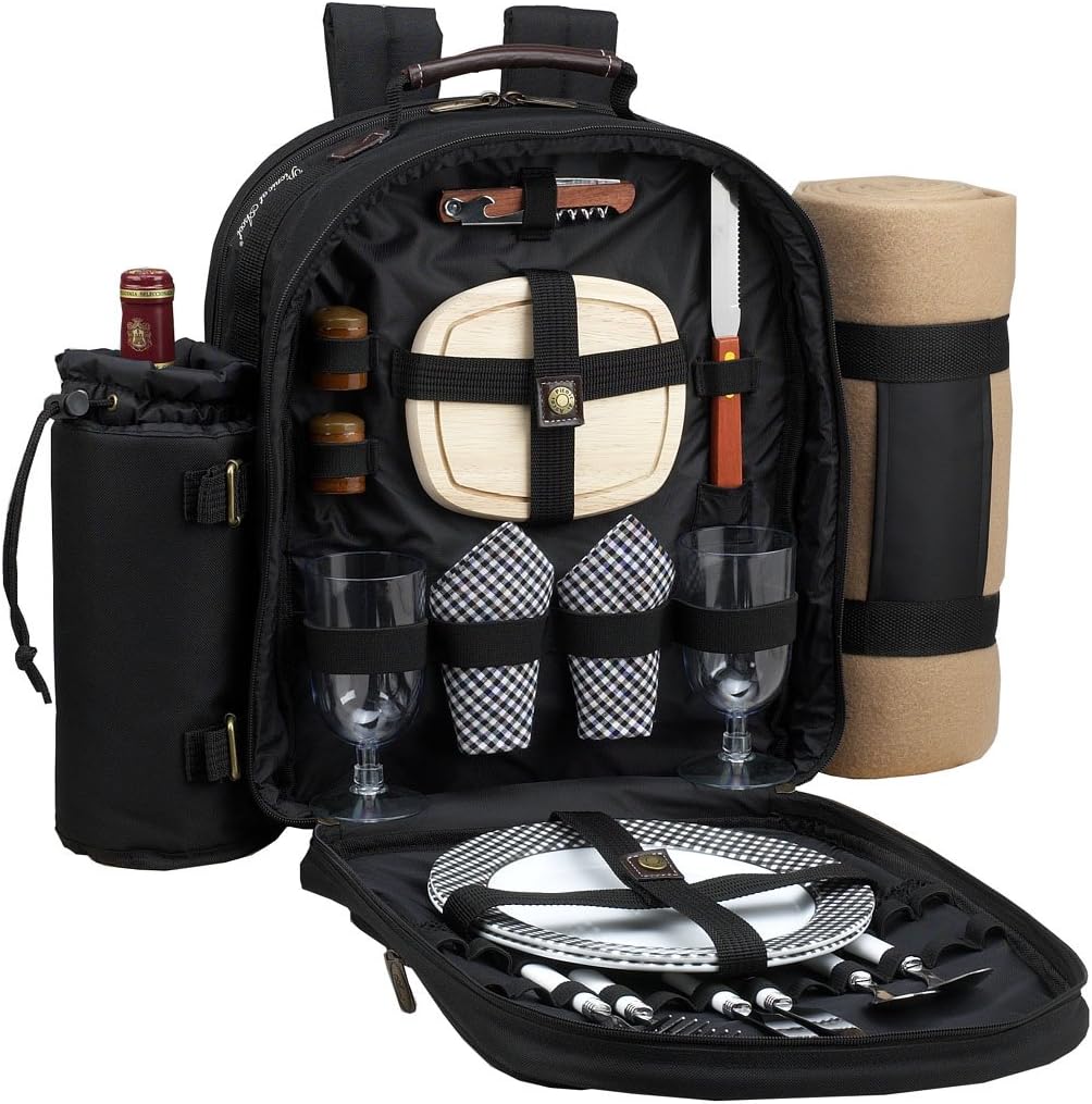Picnic at Ascot Original Equipped 2 Person Picnic Backpack with Cooler, Insulated Wine Holder & Blanket - Designed & Assembled in the USA